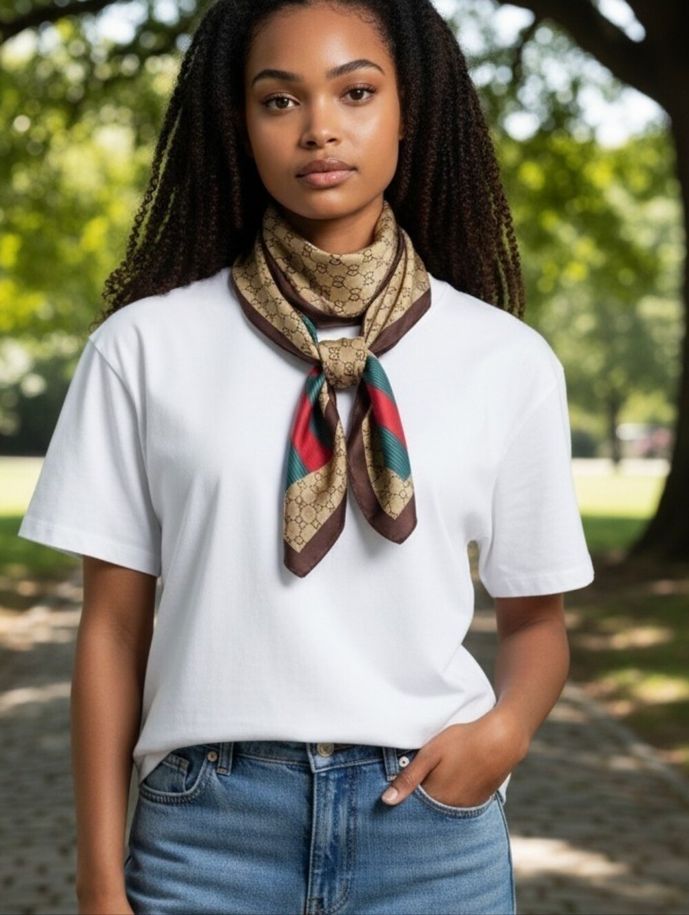 Designer-Inspired Brown & Green Patterned Silky Scarf